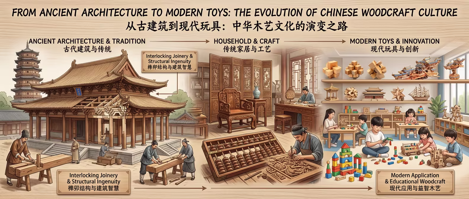 From Ancient Architecture to Modern Toys: The Evolution of Chinese Woodcraft Culture 从古建筑到现代玩具：中华木艺文化的演变之路