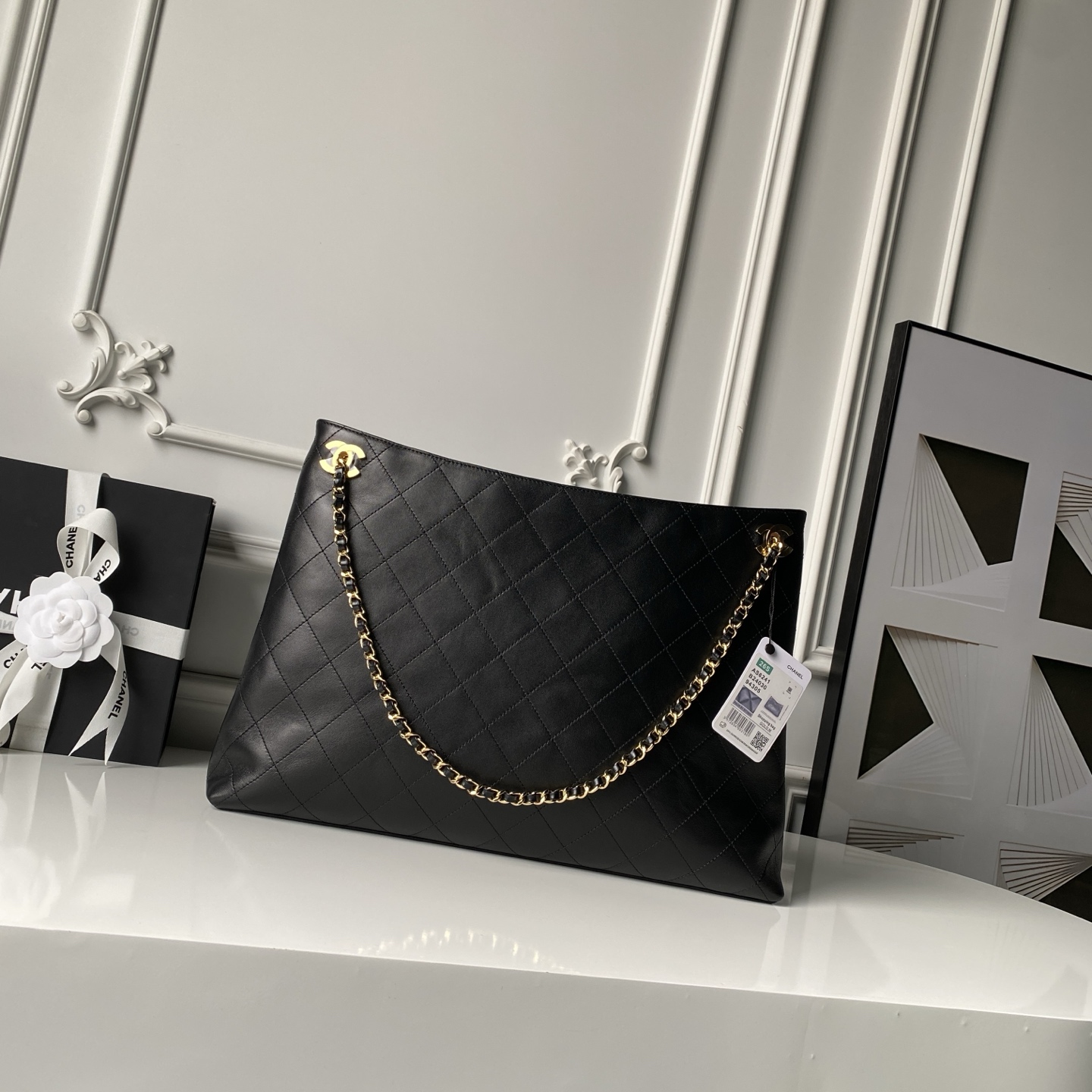 23S Large Shopping Tote Bag (AS2421) in Black Quilted Smooth Lambskin with Light Gold-Tone Hardware - Mocuir