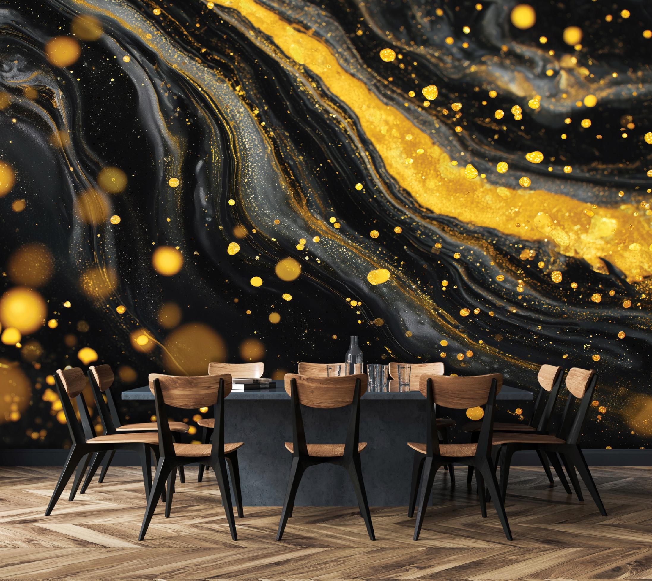 Black and gold marble wall mural for bedroom or living room, non-woven wallpaper,