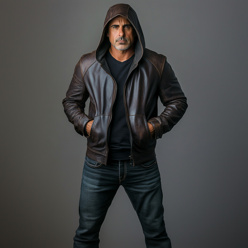 Men's PU Leather Slant Pocket Zipper Long Sleeve Hooded Jacket