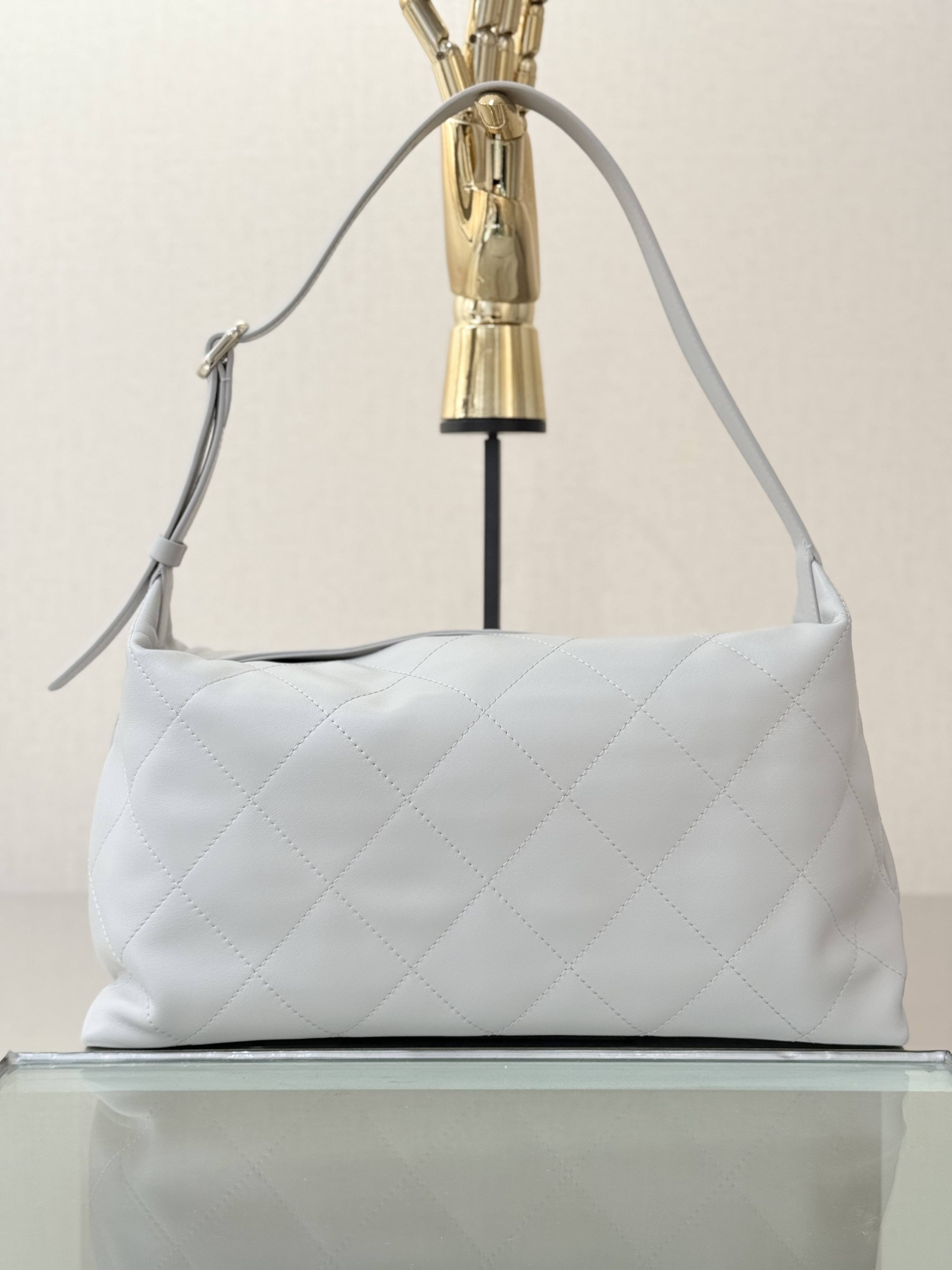 26P Hobo Shoulder Bag in Light Grey Quilted Lambskin with Light Gold-Tone Hardware - Mocuir