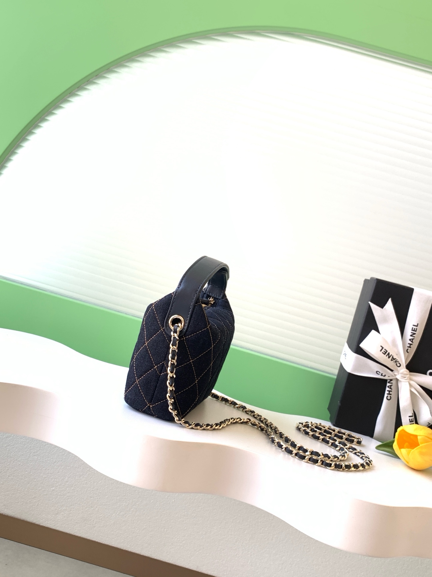 26S Spring-Summer Quilted Denim Hobo Bag with Handle in Dark Blue with Gold Hardware (Model AS5653) - Mocuir