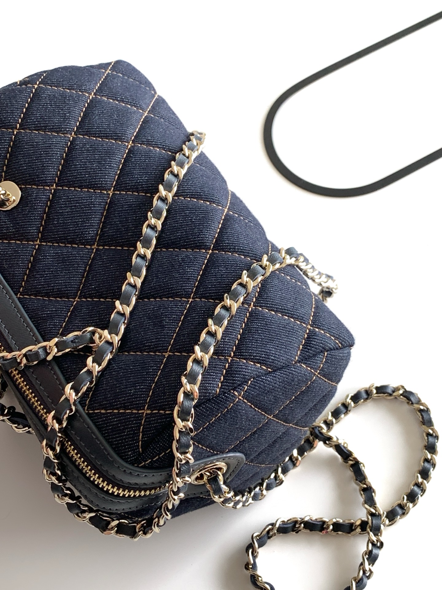 26P Pre-Collection Denim Quilted LP Lunch Box Bowling Bag in Dark Blue with Gold Hardware (Model AS4836) - Mocuir