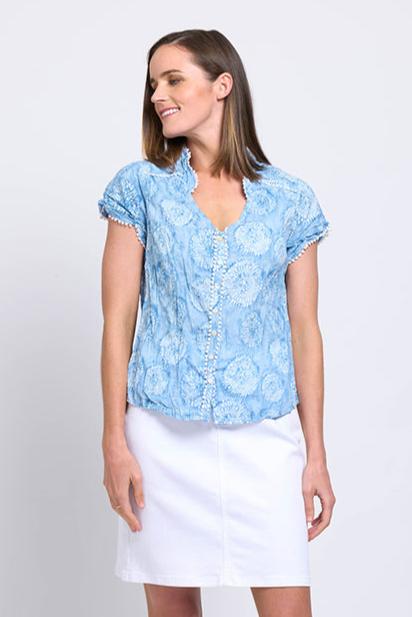 Crinkle Cotton Cap-Sleeve Shirt