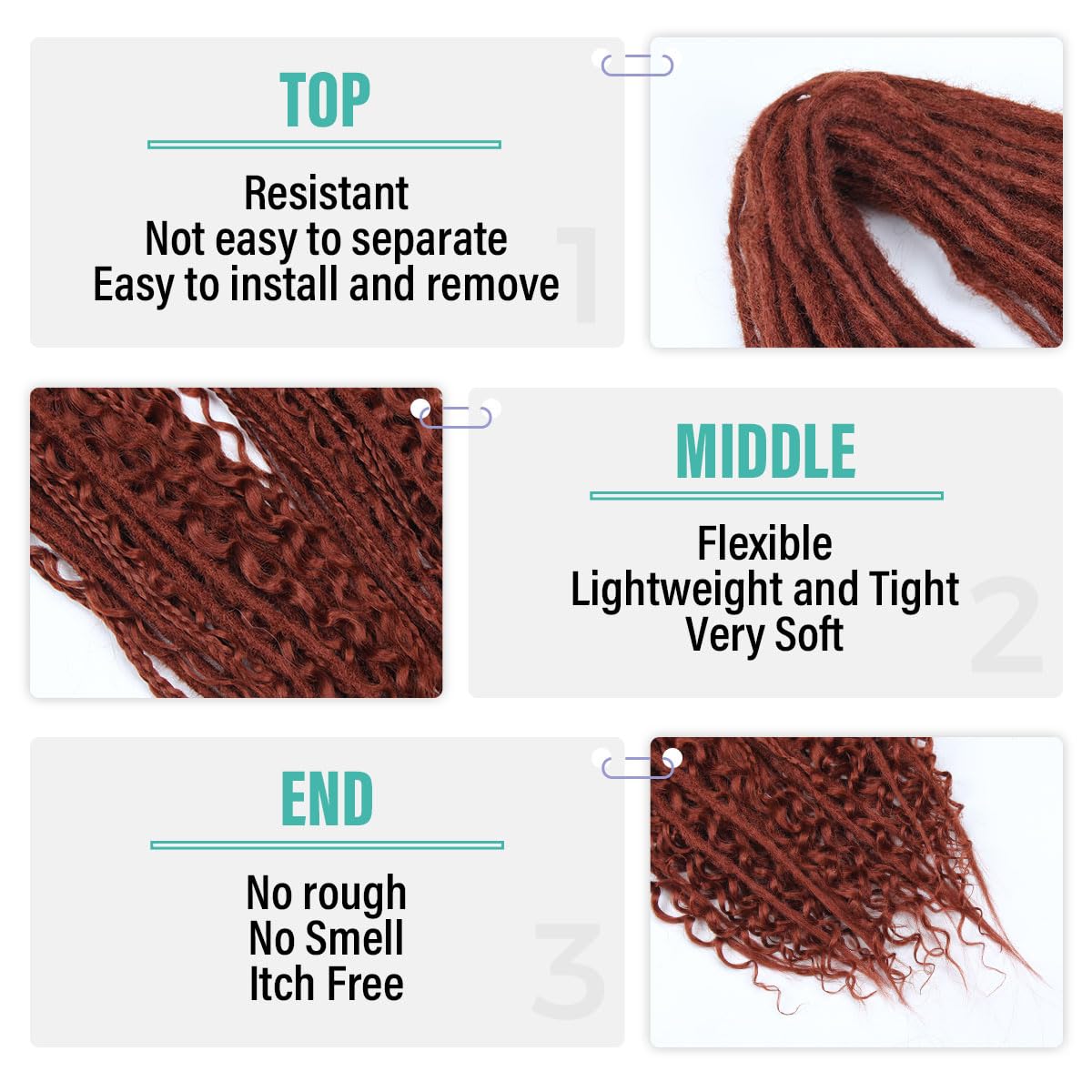 24 Inch 3 In 1 Dreadlock Extensions Sets, 30 Strands Mixed Copper Red Synthetic DE Dreads Extensions, 100% Handmade Soft Double Ended Curly Boho Wavy Dreads for Girls
