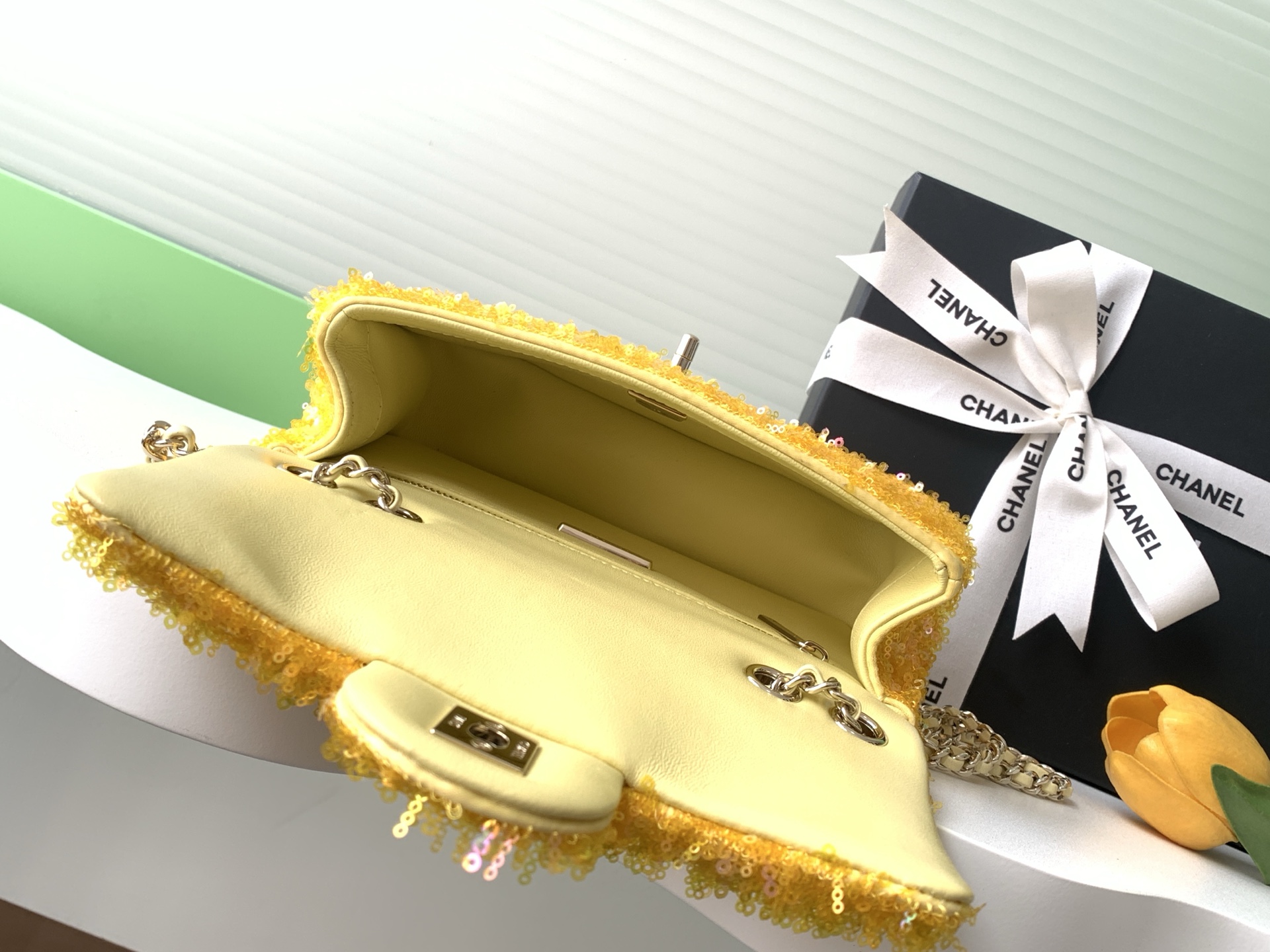 2025 FallWinter Classic Flap Bag in Bright Yellow Sequins (AS4561) with Light Gold-Tone Hardware - Mocuir