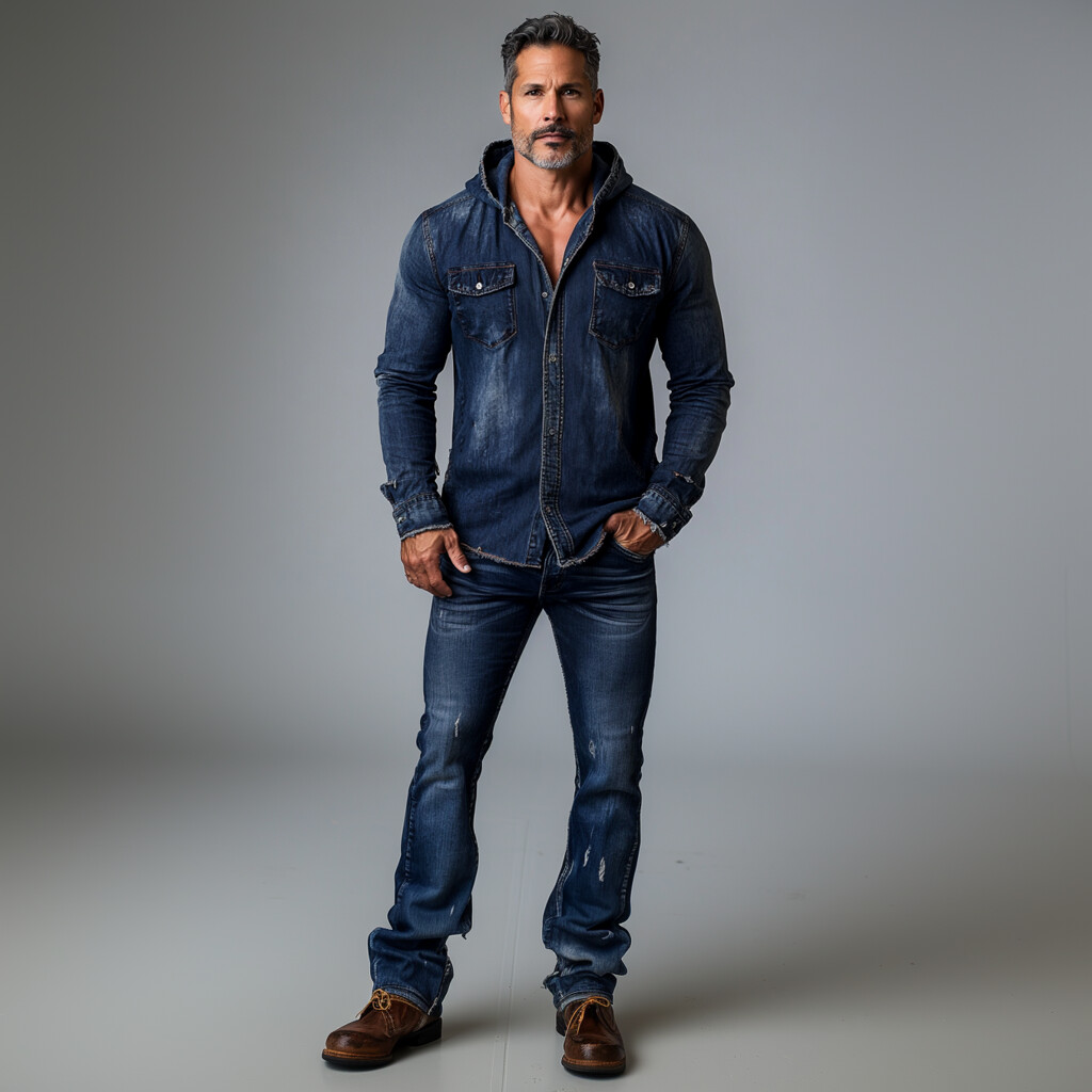 Men's Denim Long Sleeve Button Chest Pocket Hooded Shirt