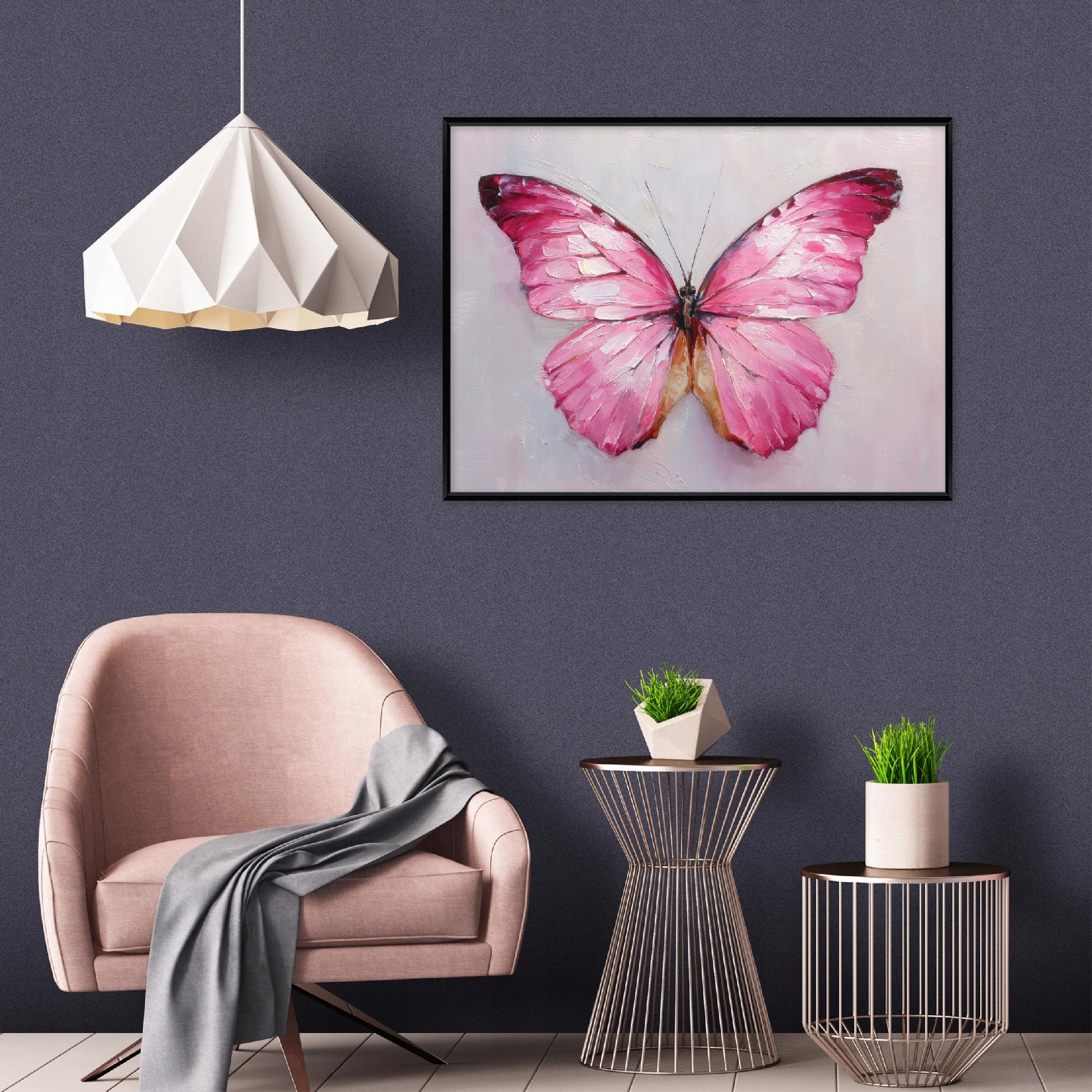 Black-framed canvas painting, pink butterfly, concrete, living room, bedroom, 40x30