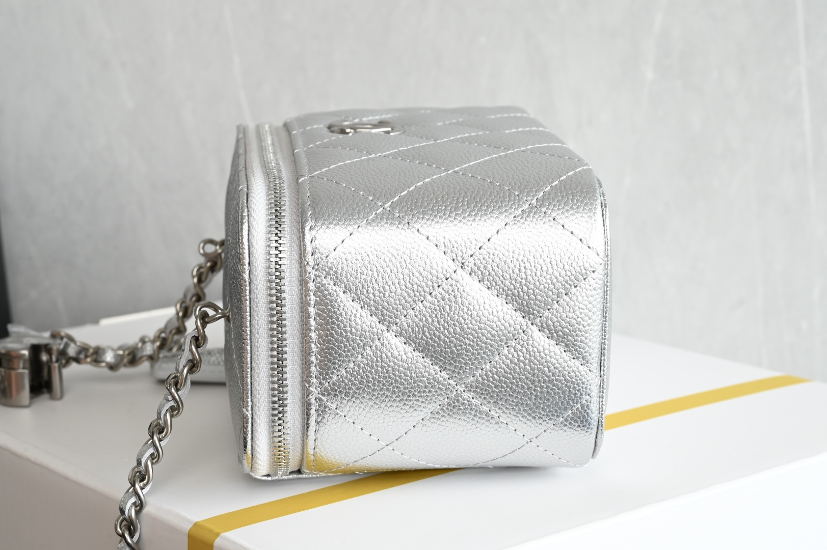 Small Vanity Case in Metallic Silver Grained Calfskin with Silver-Tone Hardware - Mocuir