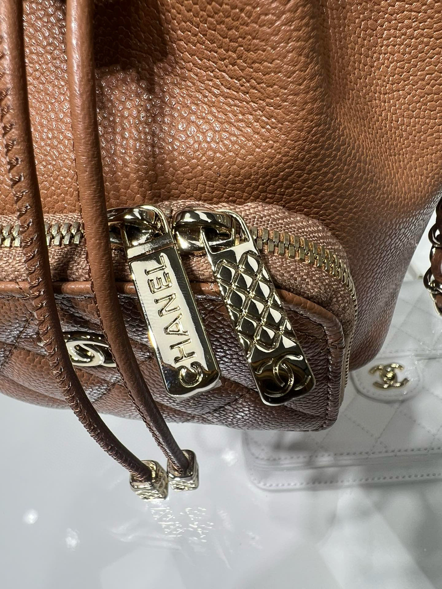 Small Drawstring Bucket Bag in Apricot Quilted Grained Calfskin with Gold-Tone Metal (Model AP4775) - Mocuir