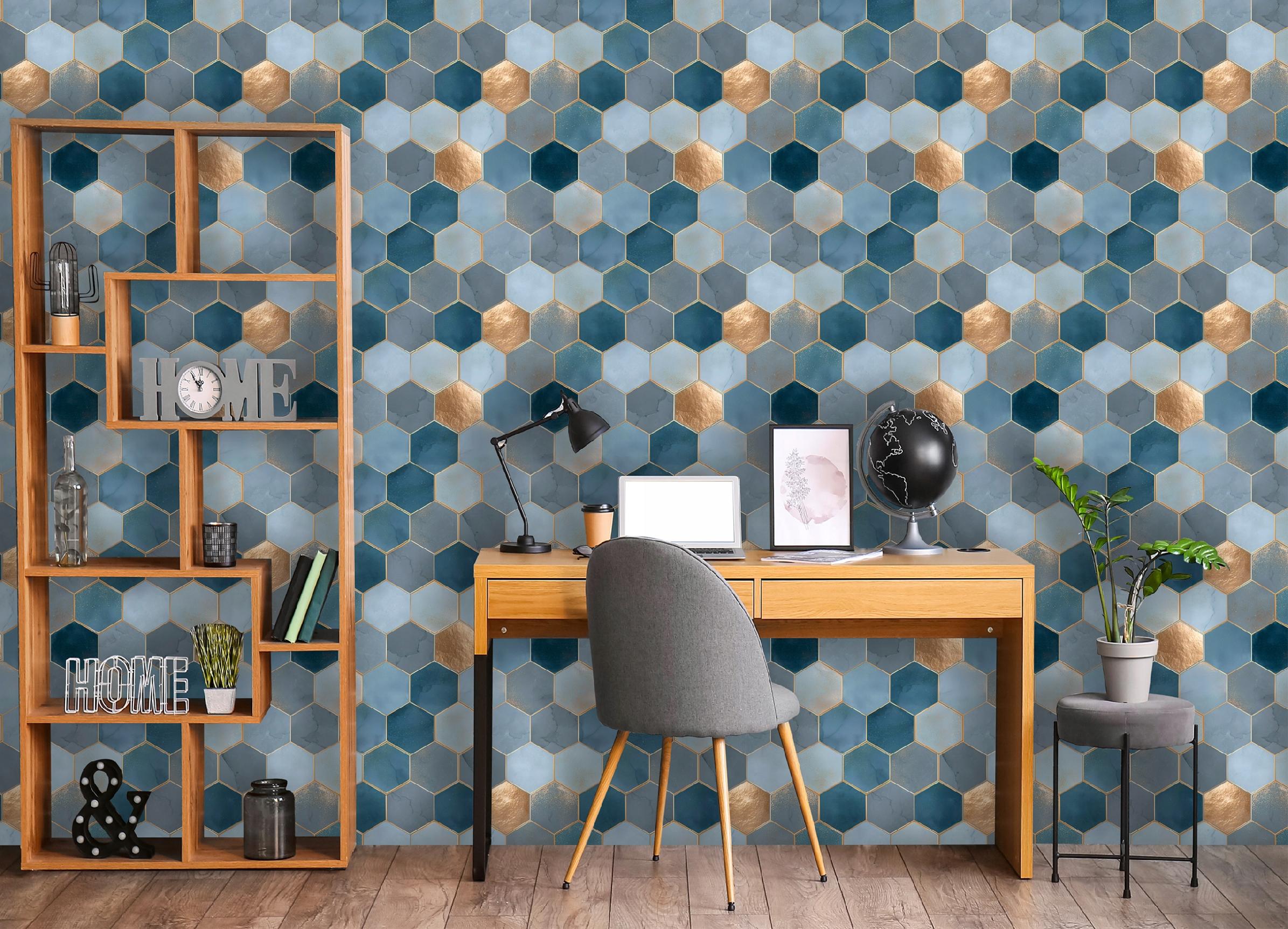 Blue and gold wallpaper on non-woven fabric for living room and bedroom walls
