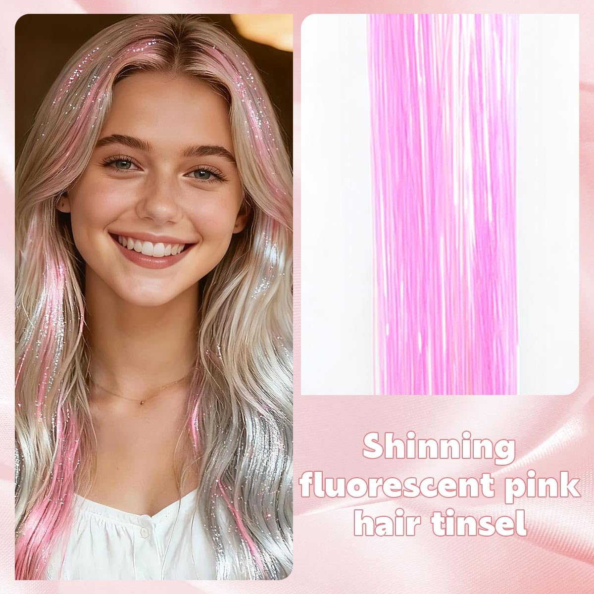 Pink Hair Tinsel Kit, 10 Packs Fairy Tinsel Hair Extensions for Teen Girls Heat Resistant Glitter Hair Accessories for Christmas New Year Halloween Cosplay Party(48 Inch)