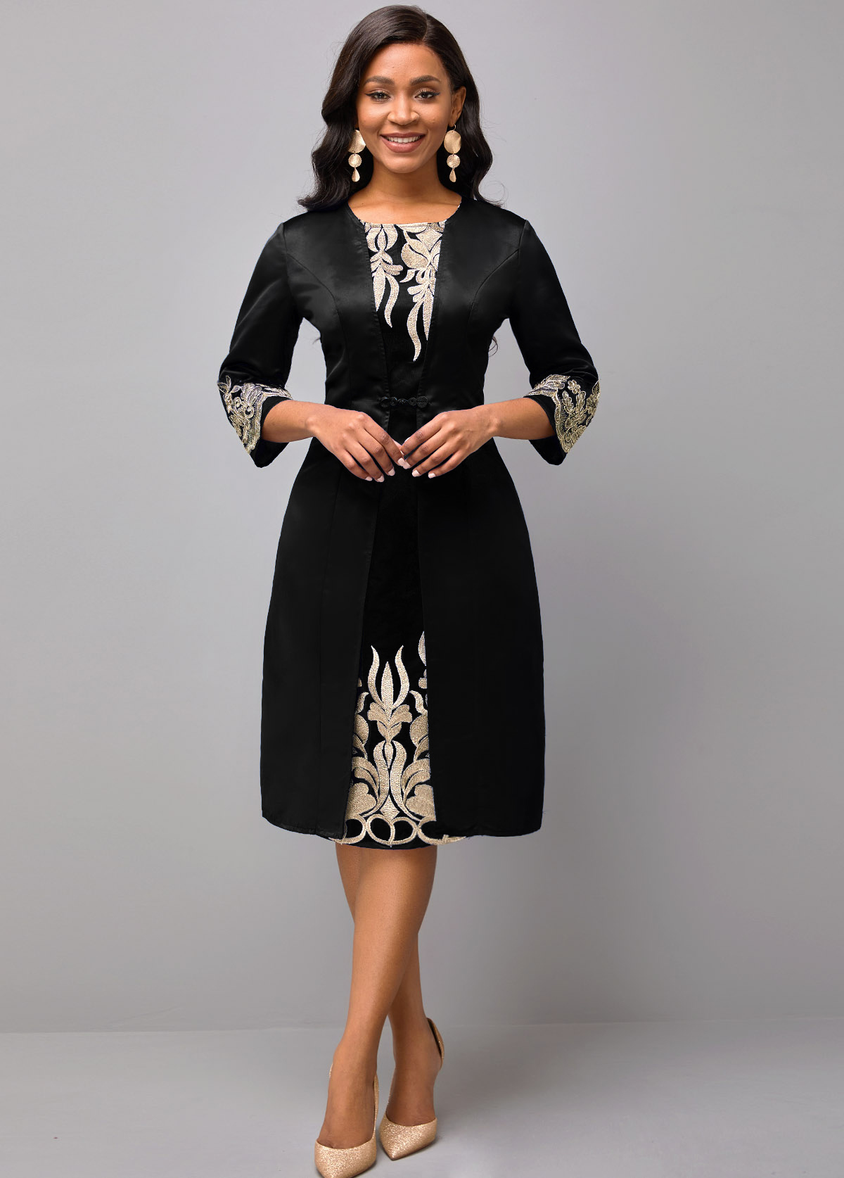 3/4 Sleeve Round Neck Embroidered Dress