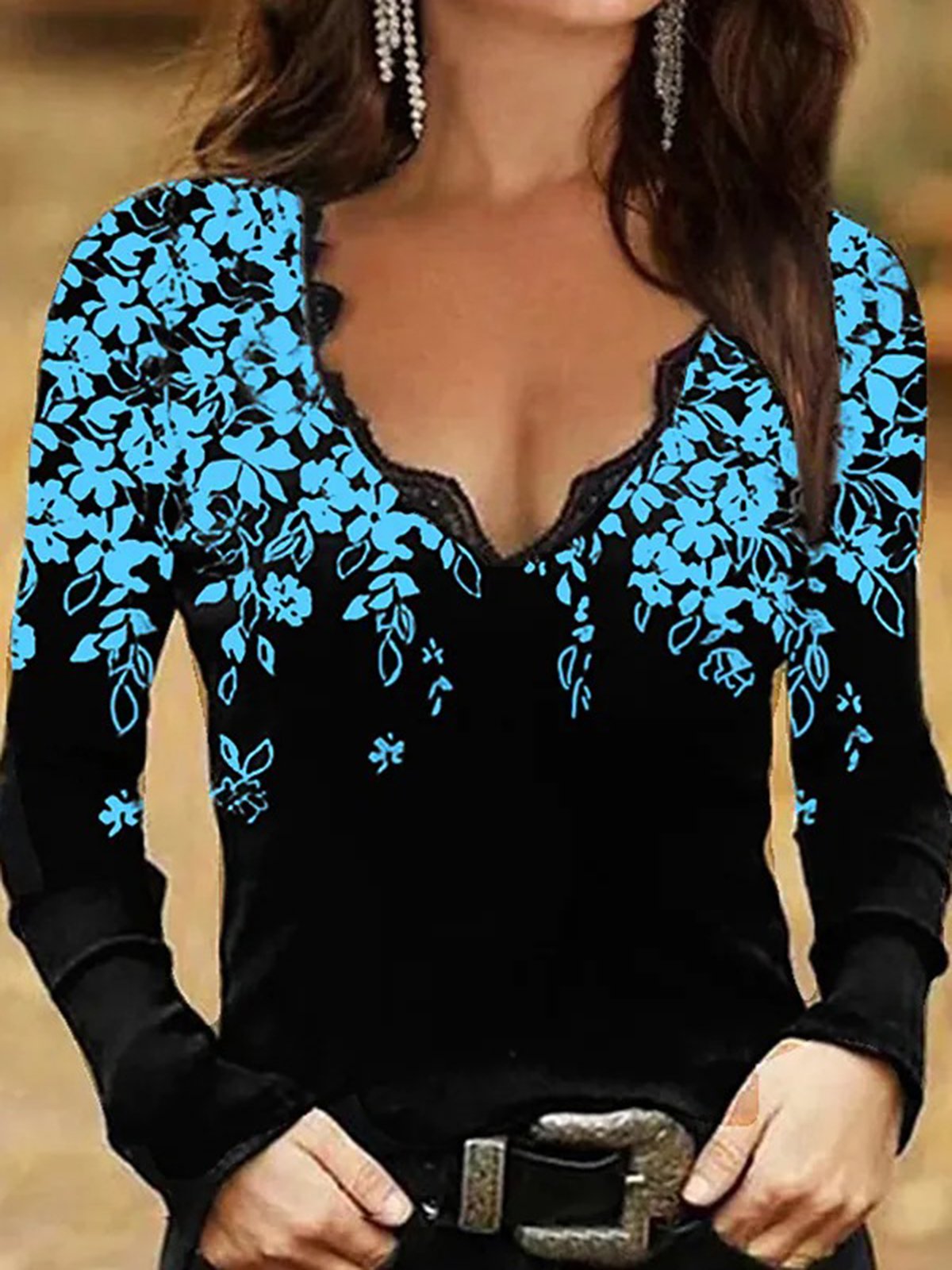 Black Floral Printed Casual V Neck Long Sleeve Sexy Shirts & Tops