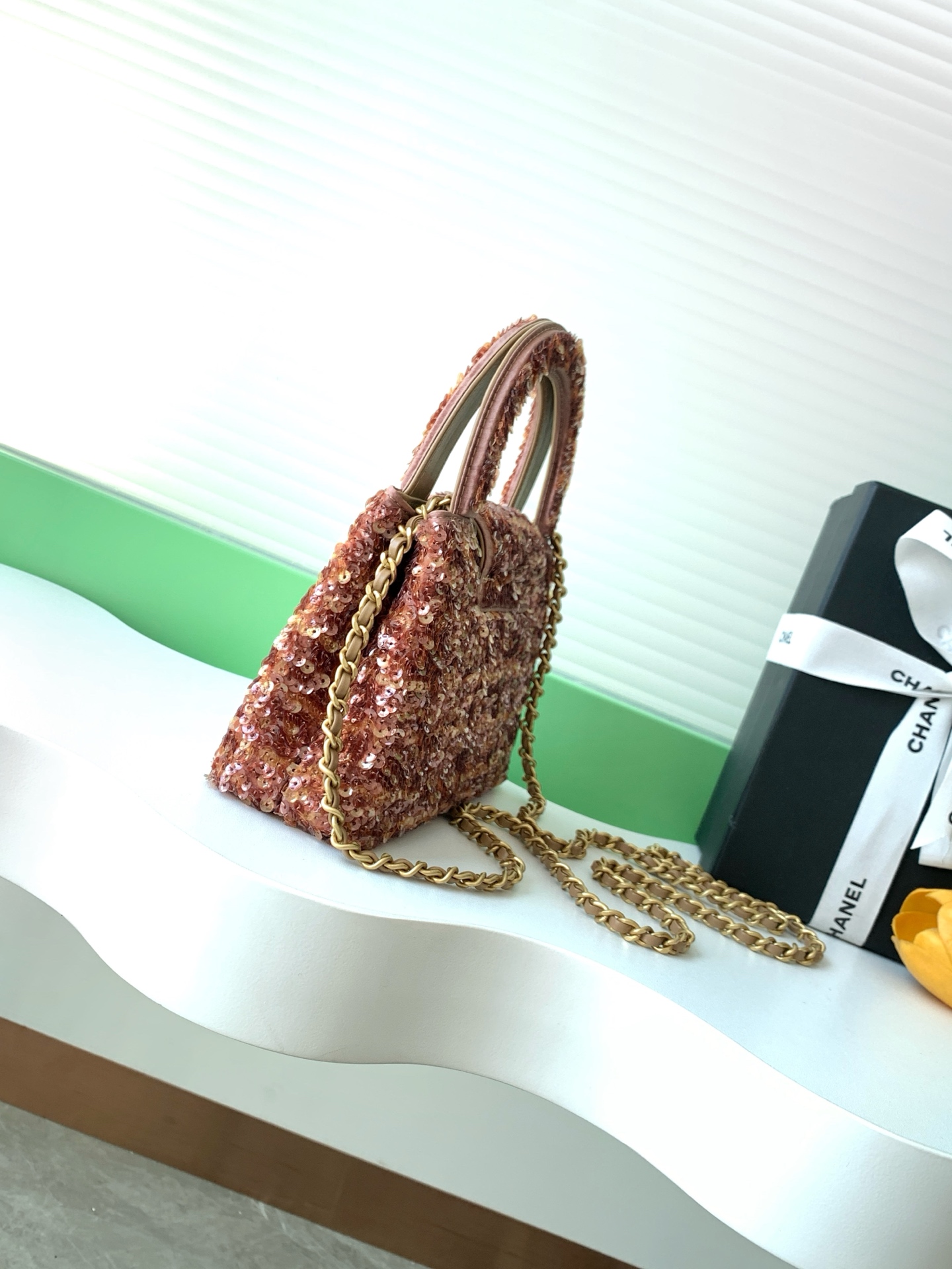 26C Mini Kelly Top Handle Shopping Bag (AS4416) in Rose Gold Bronze Sequins with Light Gold-Tone Hardware - Mocuir