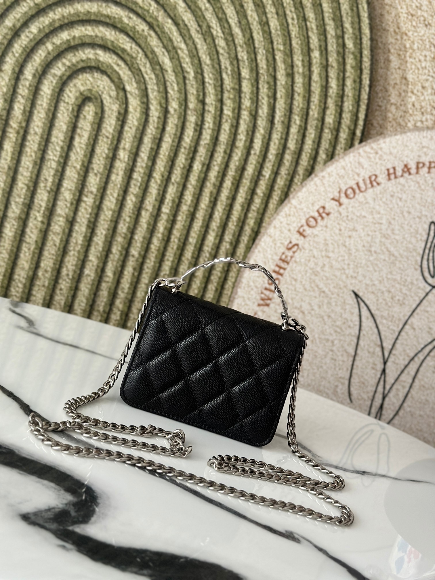 Mini Classic Flap with Chain Top Handle in Black Quilted Caviar Leather with Silver-Tone Hardware - Mocuir