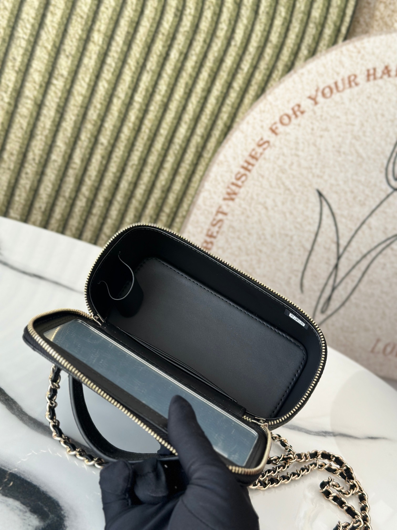 Mini Rectangular Vanity Case with Top Handle in Black Quilted Caviar Leather with Gold-Tone Hardware - Mocuir