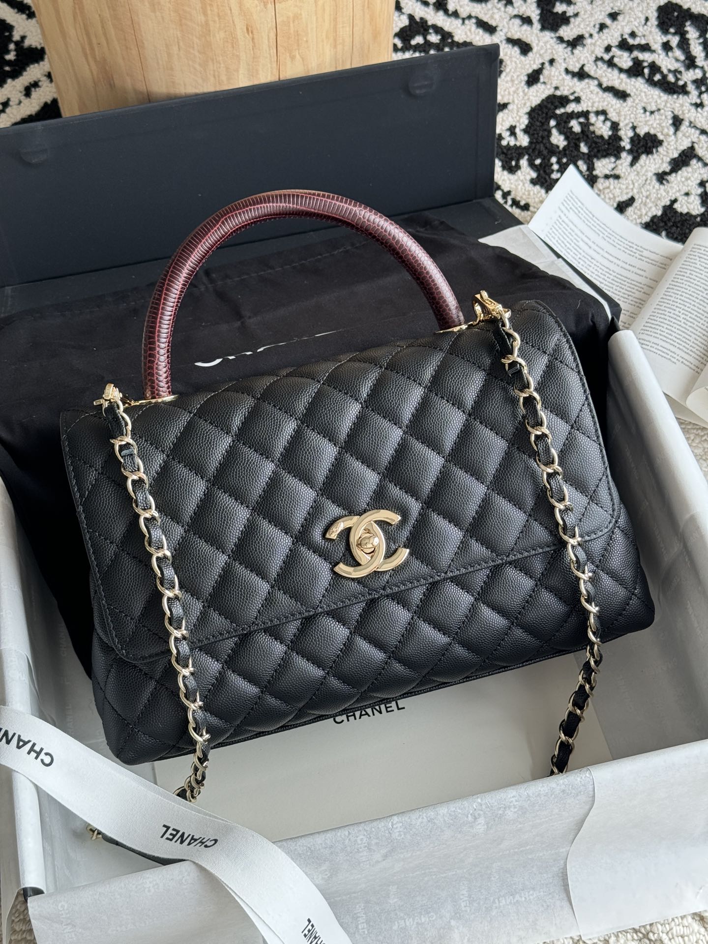 Small Coco Handle Flap Bag in Black Quilted Caviar Leather with Burgundy Lizard Handle and Light Gold-Tone Hardware - Mocuir