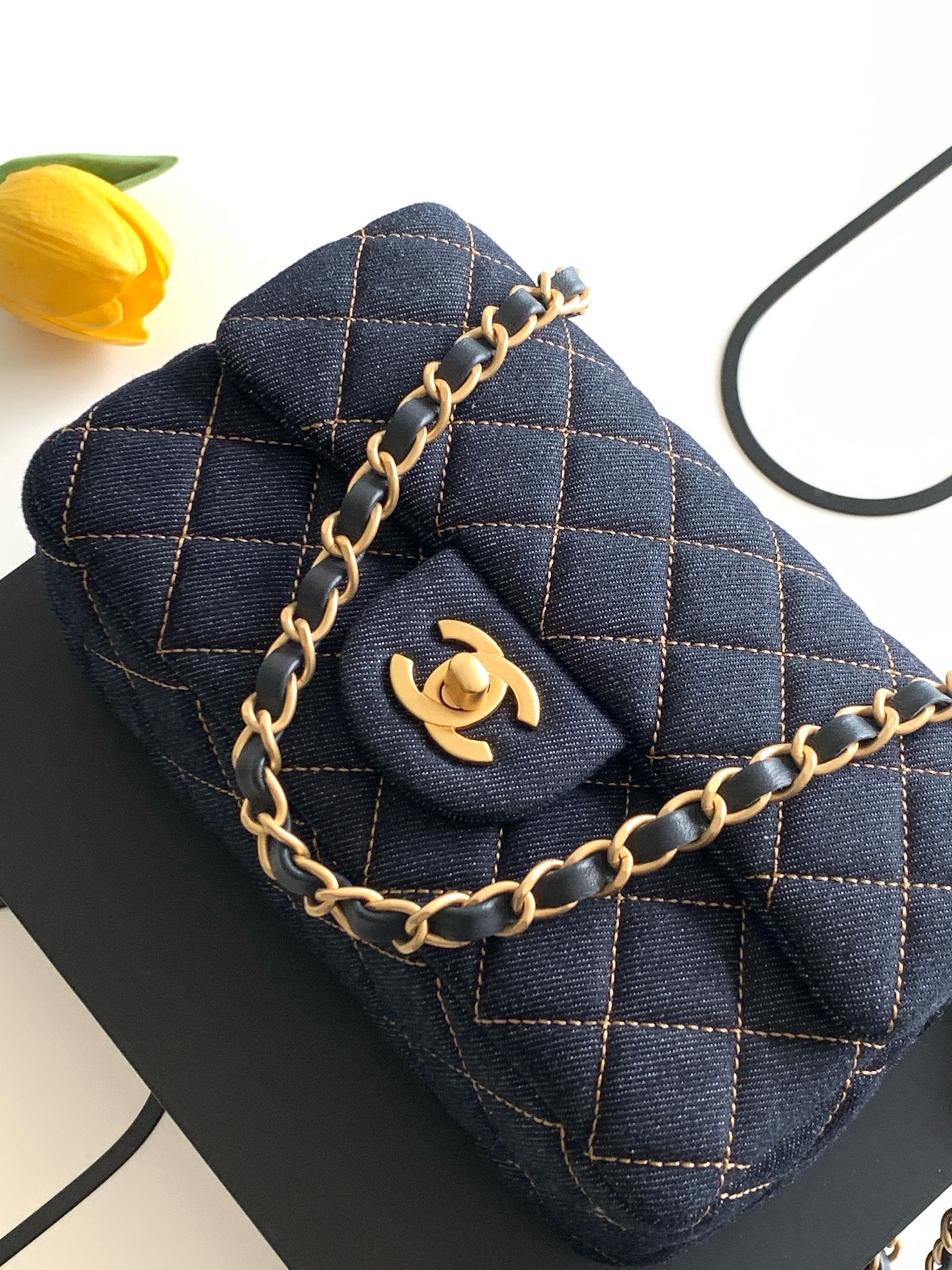 Classic Flap (CF) Large Mini in Dark Blue Denim with Gold Hardware (Model A01112, 25C26P Pre-Collection) - Mocuir