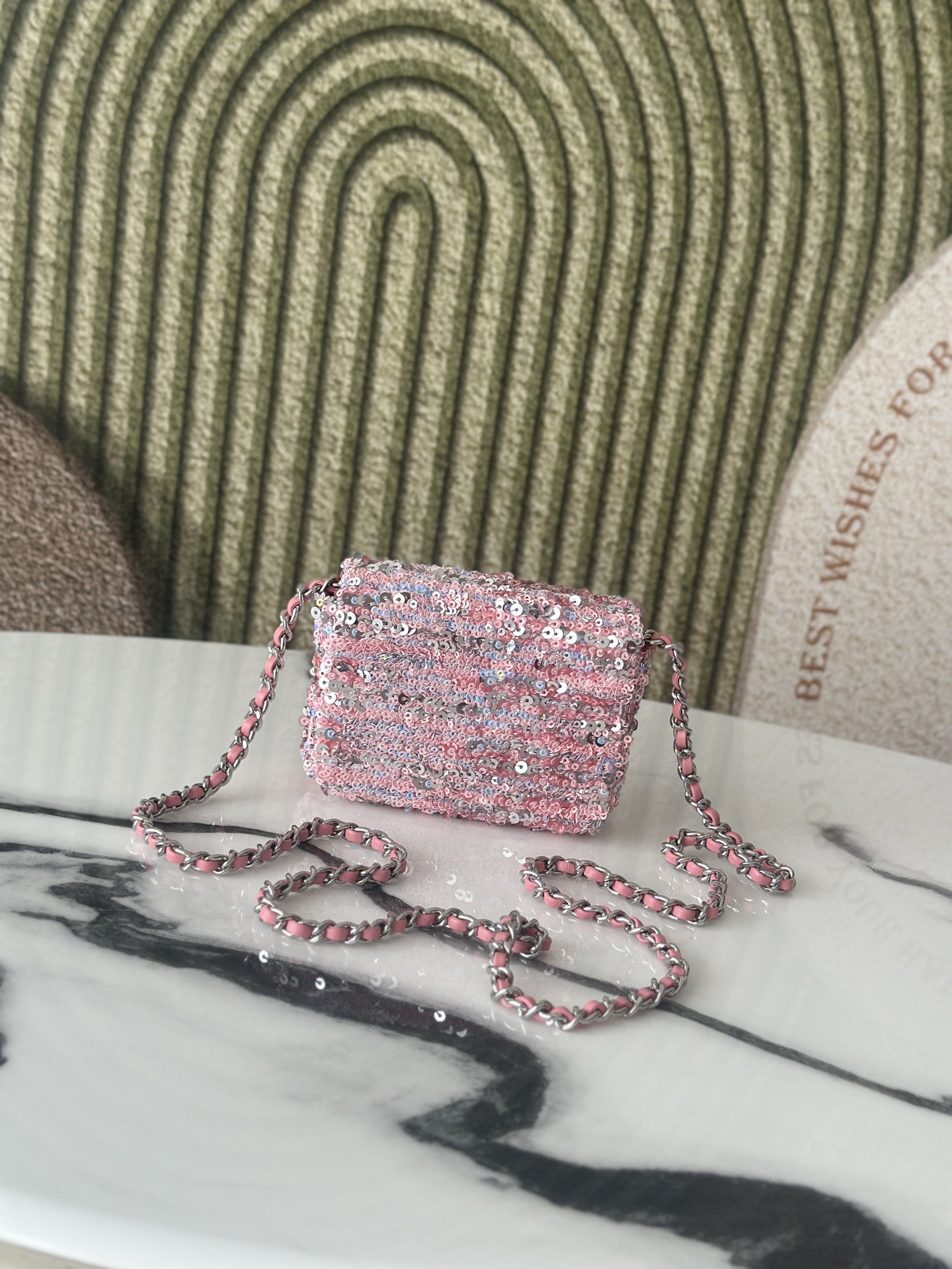 23C Large Mini Classic Flap Bag (AS3965) in Peach Pink Hand-Embroidered Sequins on Lambskin with Silver-Tone Hardware - Mocuir