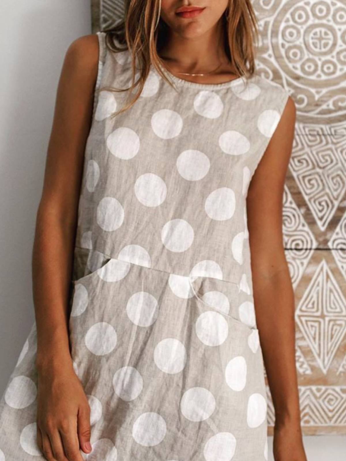 Apricot Sleeveless Cotton-Blend Crew Neck Dresses