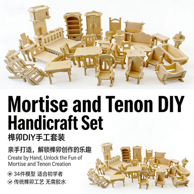 34Pcs Mortise and Tenon DIY Miniature Furniture Kit | Nail-Free Glue-Free Traditional Chinese Woodcraft Set | STEM Educational Montessori Toy for Beginners, Kids & Adults | Dollhouse Decor Handicraft Gift 34 件榫卯 DIY 迷你家具套装 | 无钉无胶中国传统木作套件 | 初学者适用 STEM