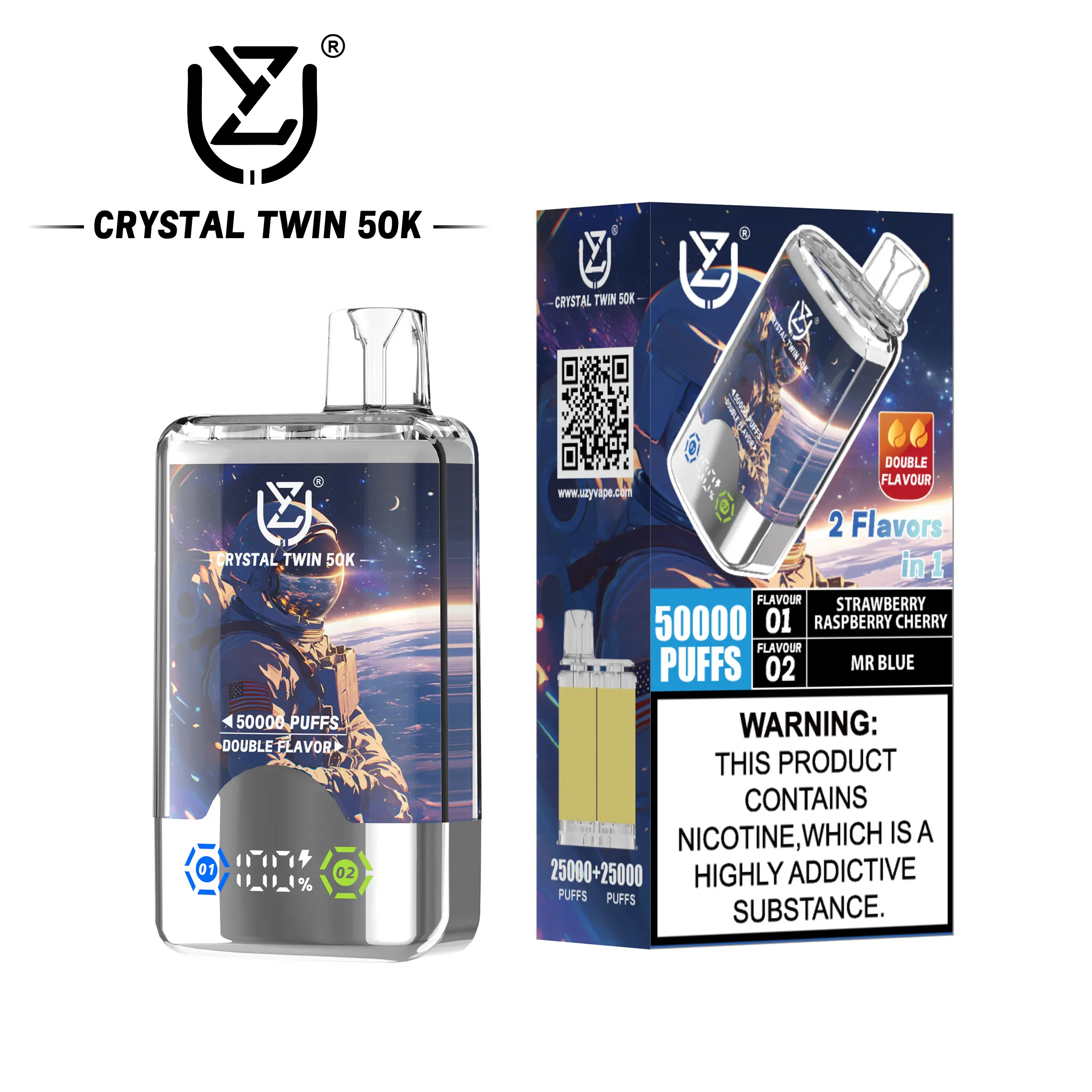 （3 pieces）UZY Crystal Twin 50000 50k Puffs Double Taste LED Display Disposable Vape