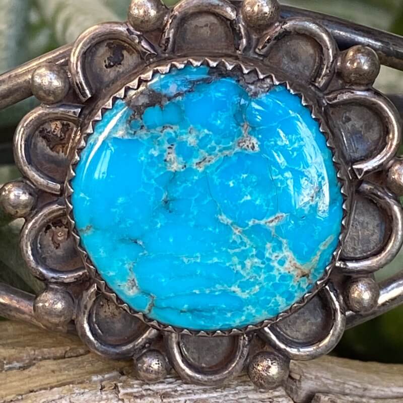 Navajo Sterling SIlver Cuff Bracelet with Large Round Turquoise Stone