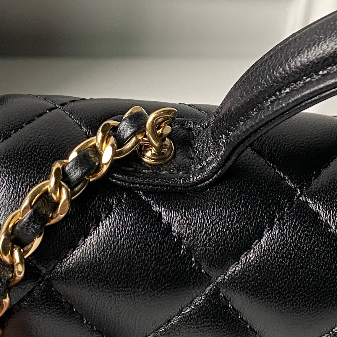 Mini Top Handle Flap Messenger Bag in Black Quilted Lambskin with Light Gold-Tone Hardware - Mocuir