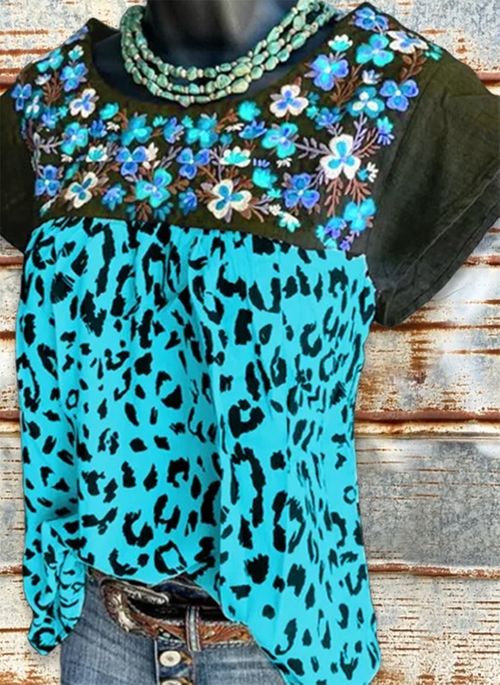Floral Casual Round Neckline Short Sleeve Blouses