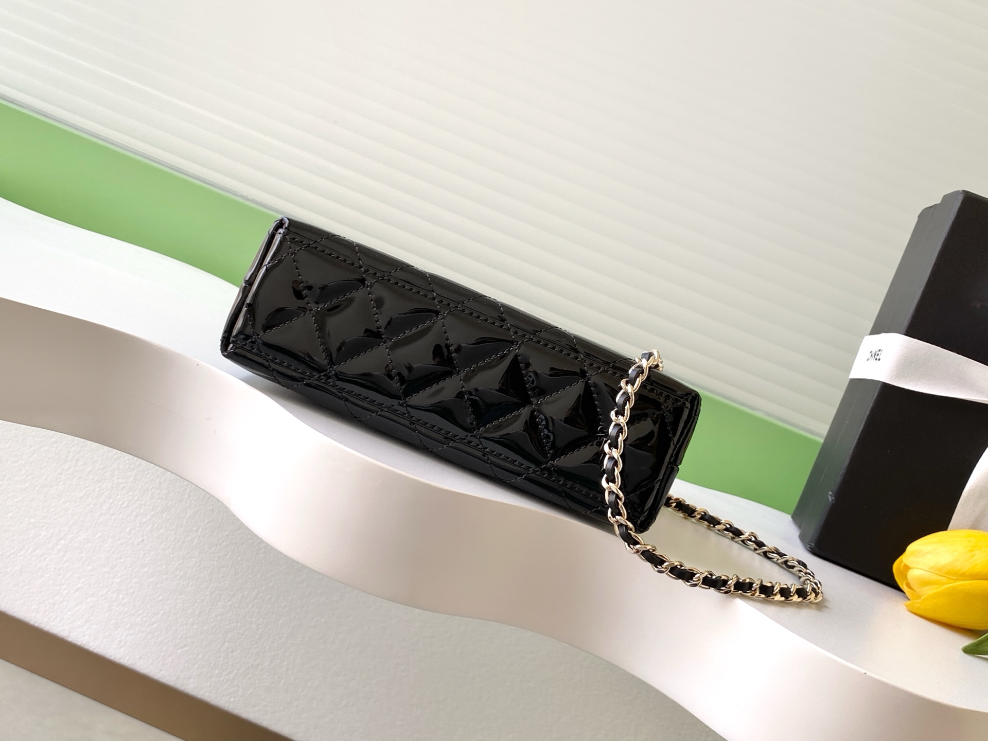 26C Mini Top Handle Flap Bag (Kelly Bag) in Black Quilted Patent Calfskin with Light Gold-Tone Hardware - Mocuir