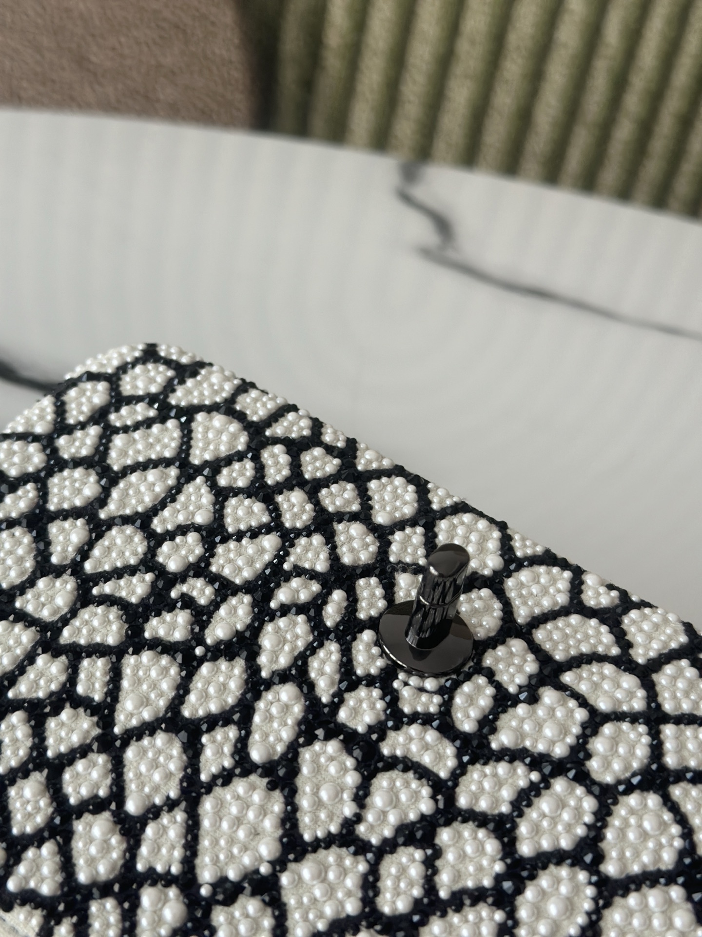 Classic Flap Mini Bag in Black & White Pearl Embellished Crocodile Pattern (Black Hardware) - Mocuir