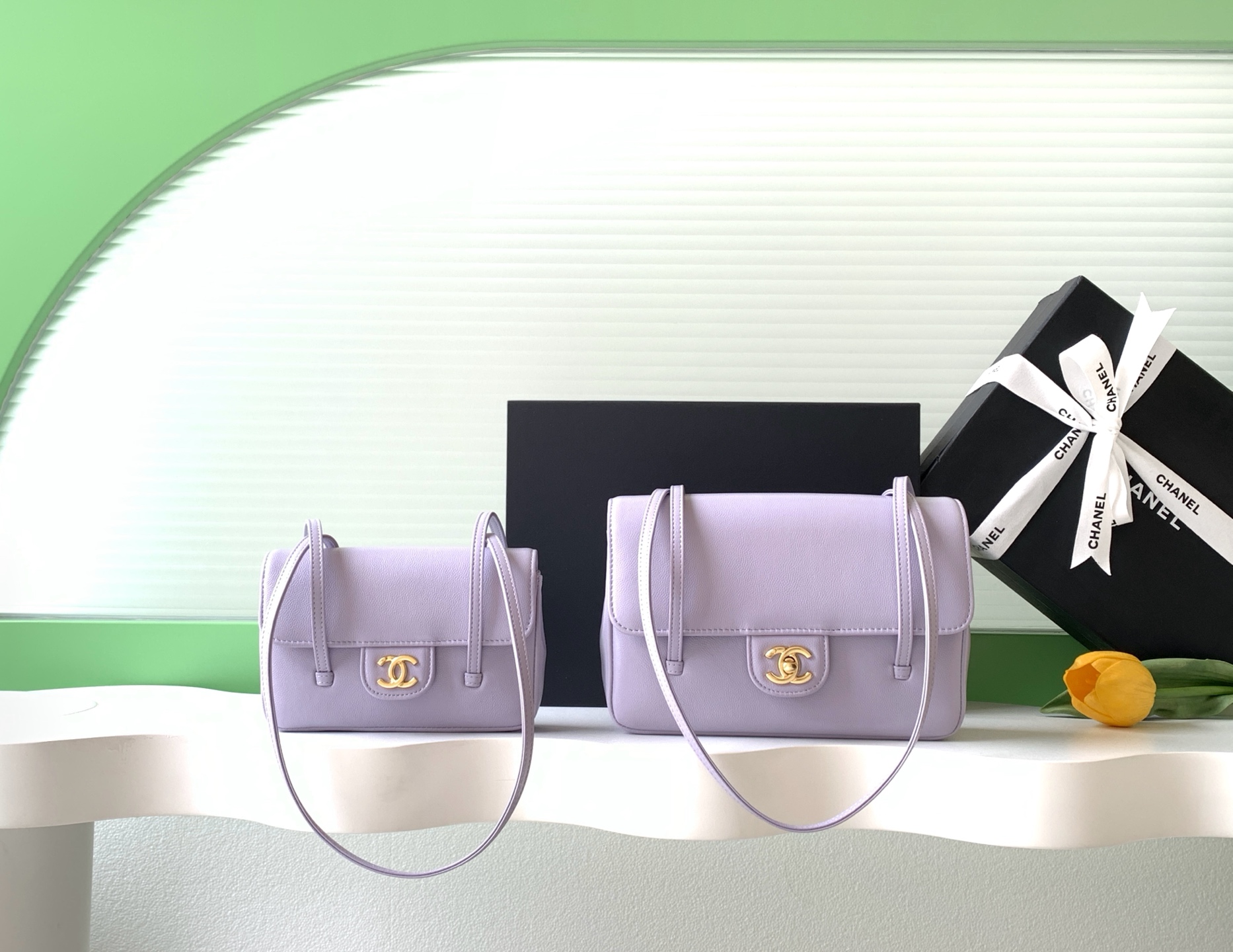26P Preppy Coco Small Flap Bag in Lavender Grained Shiny Calfskin with Gold-Tone Hardware - Mocuir