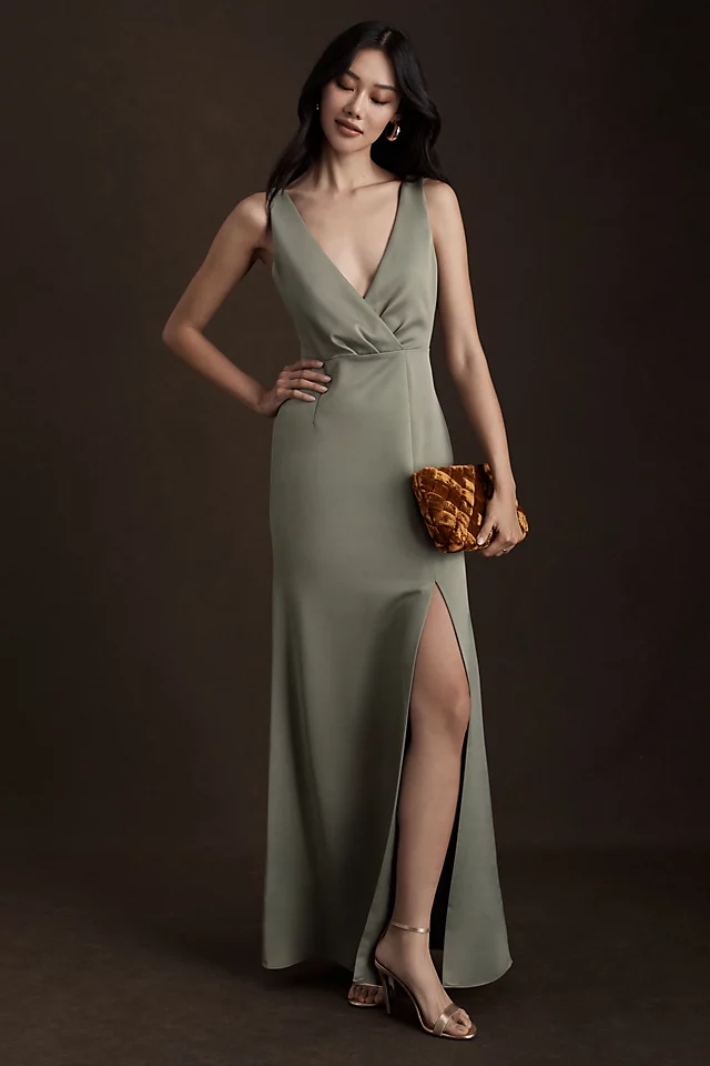 Elegant V-Neck Side-Slit Satin Gown MOSS