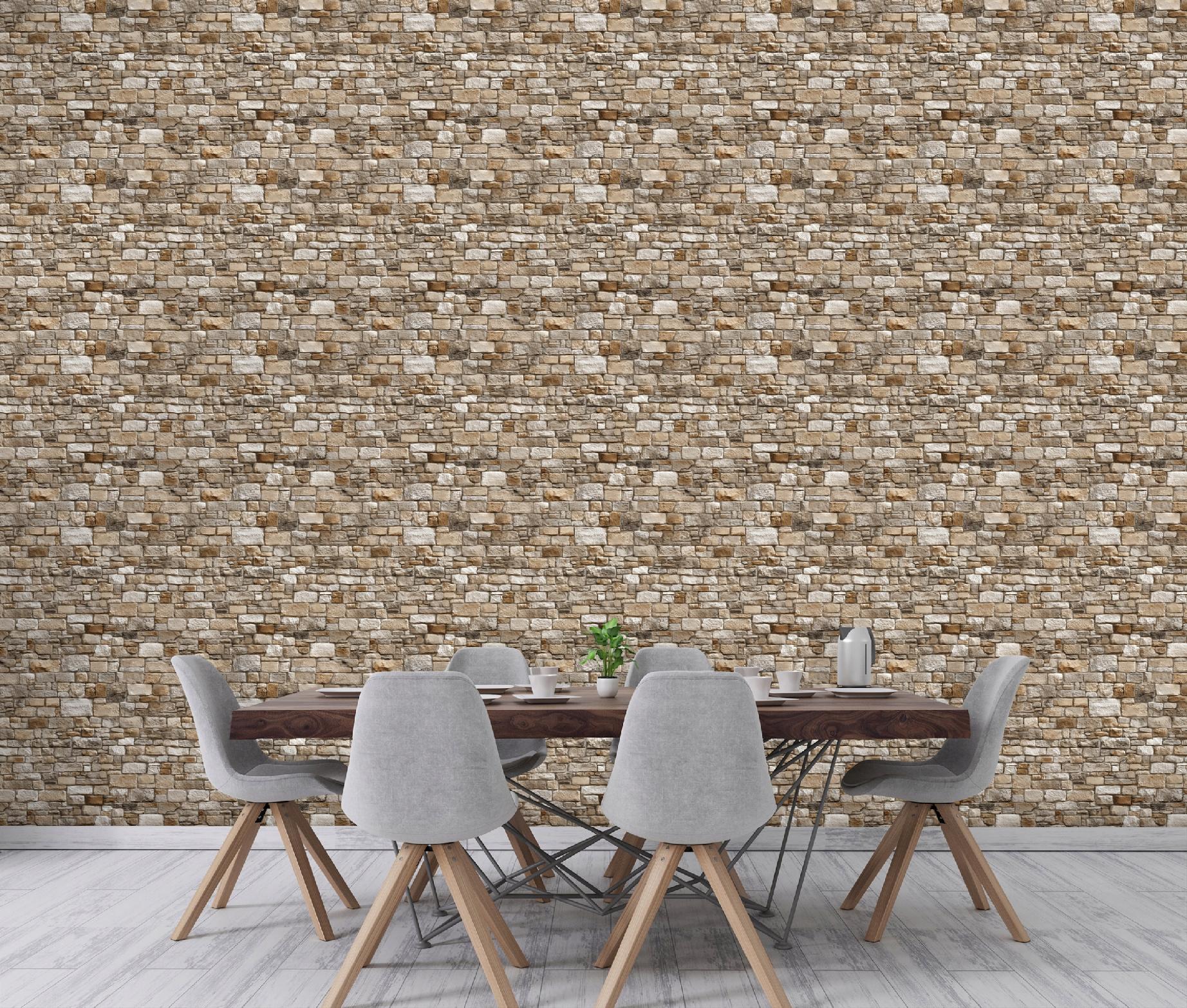 Beige brick-patterned textured wallpaper on non-woven backing for living room and bedroom walls
