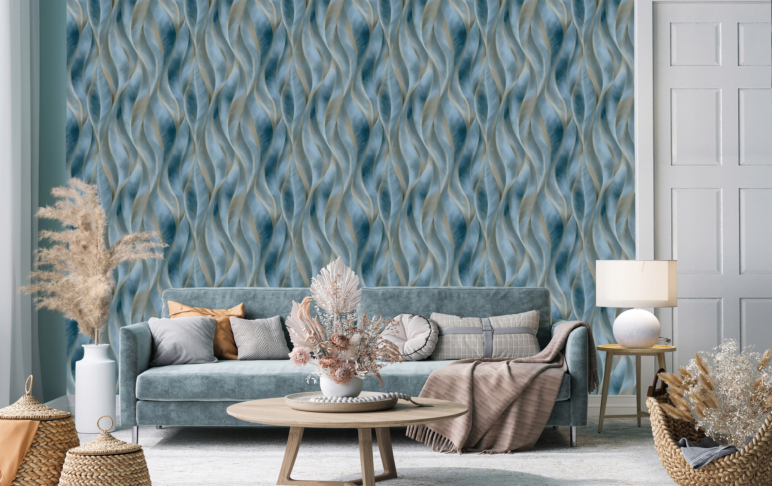Abstract wallpaper featuring 3D feather-like leaves on non-woven fabric for living room and bedroom walls