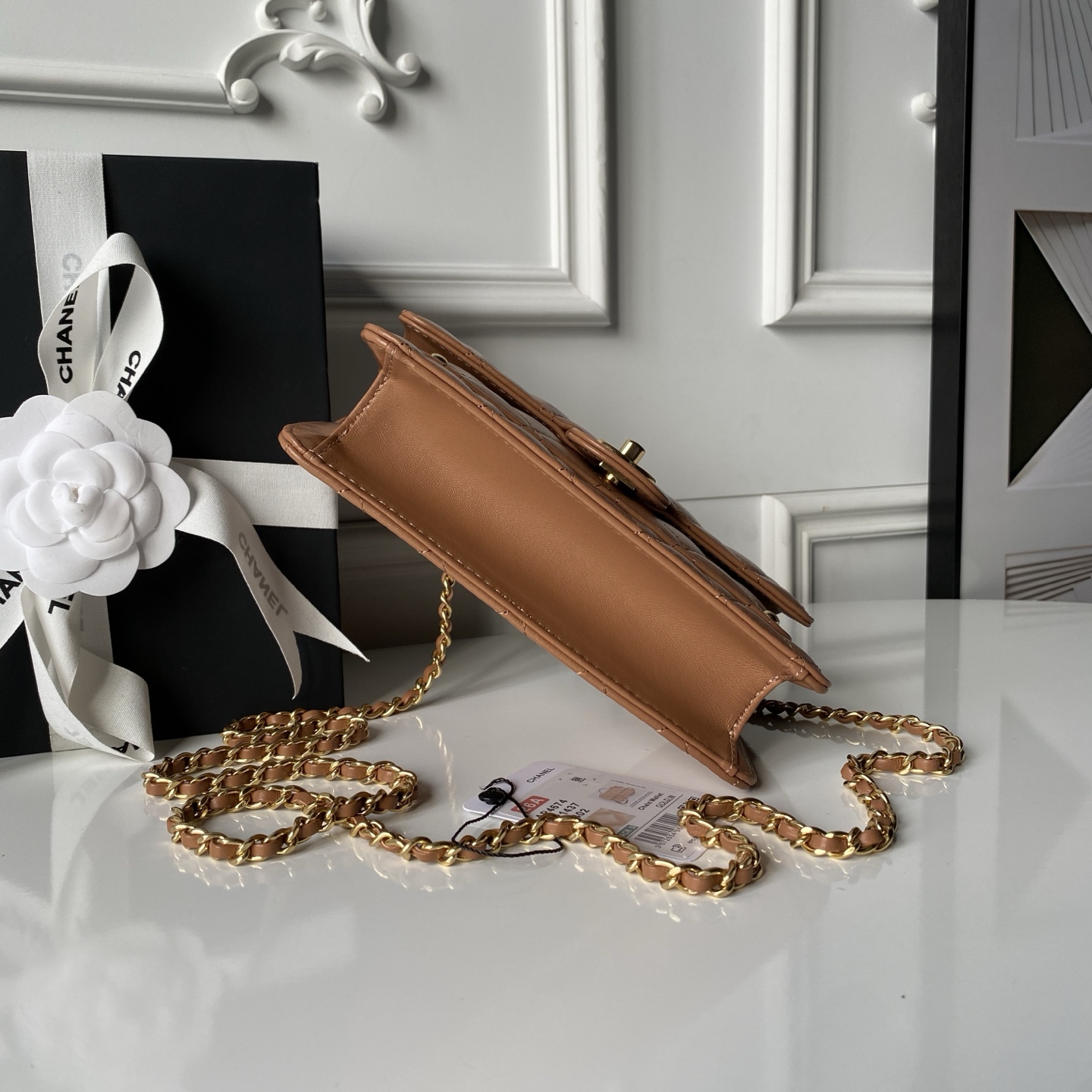 Mini Top Handle Flap Messenger Bag in Caramel Quilted Lambskin with Light Gold-Tone Hardware - Mocuir