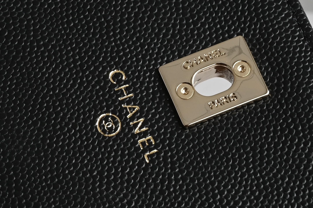 Classic Flap with Top Handle in Black Quilted Grained Calfskin (Caviar) with Light Gold-Tone Hardware - Mocuir