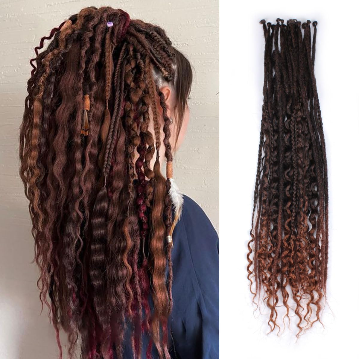 24 Inch 3 In 1 Dreadlock Extensions Sets, 30 Strands Mixed Ombre Auburn Synthetic SE Dreads Extensions, 100% Handmade Soft Single Ended Curly Boho Wavy Dreads for Girls