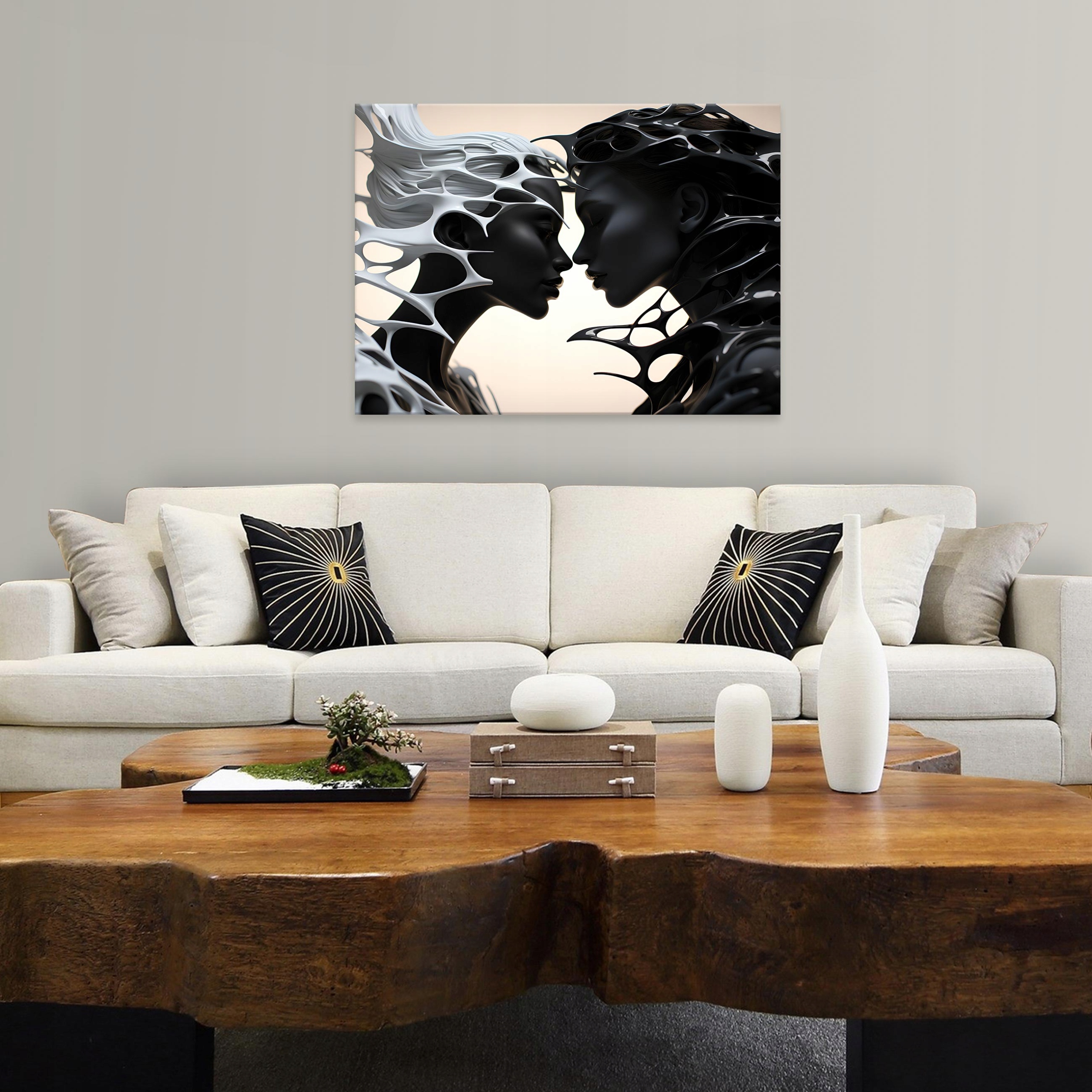 Abstract painting of a woman kissing in a living room, 60x40