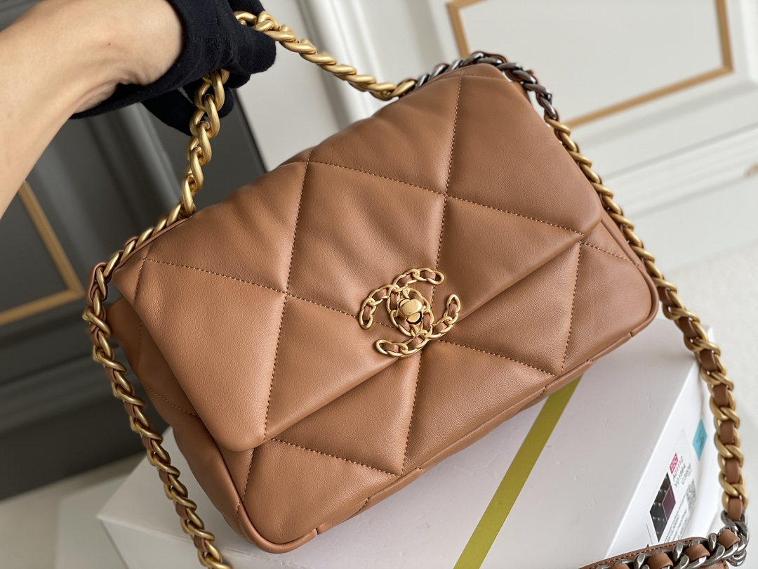 19 Handbag in Caramel Quilted Shiny Lambskin with Gold-Tone, Silver-Tone & Ruthenium-Finish Metal (Model AS1160) - Mocuir