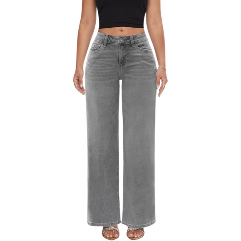 Mid-Low Rise Baggy Jeans Wide Leg for Women Distressed Pants Stretchy Bottom Lady Basic Comfortable Denim