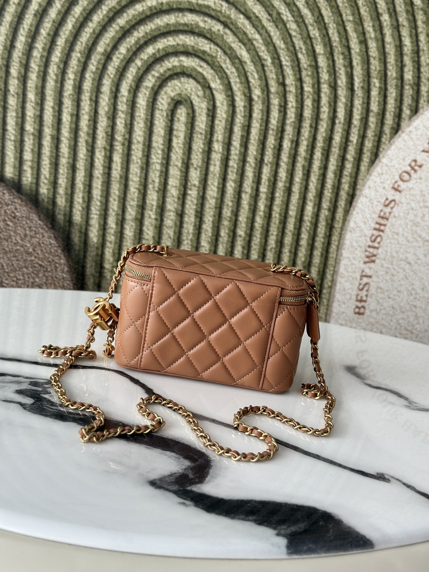 25B Caramel Quilted Lambskin Mini Vanity Case with Adjustable CC Chain and Gold-Tone Hardware - Mocuir