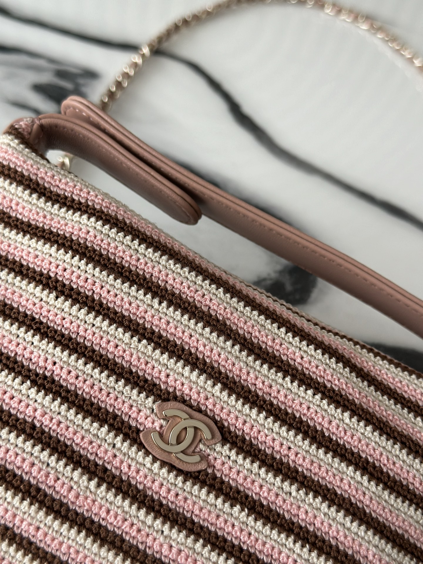 26P Cruise Mini Hobo Pouch with Chain in Pink/Brown/White Striped Crochet and Lambskin with Light Gold-Tone Hardware - Mocuir