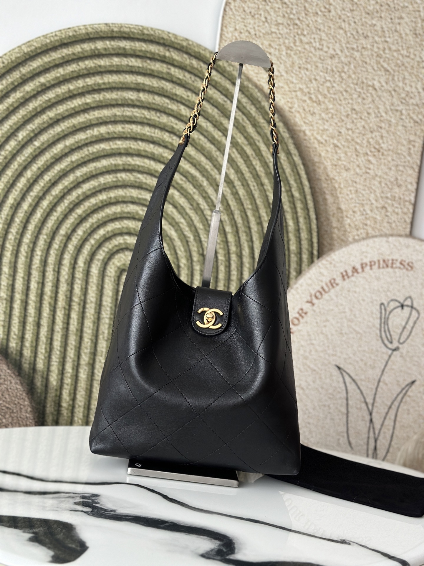 25K Black Calfskin Quilted Hobo Bag with Gold Turnlock Hardware - Mocuir