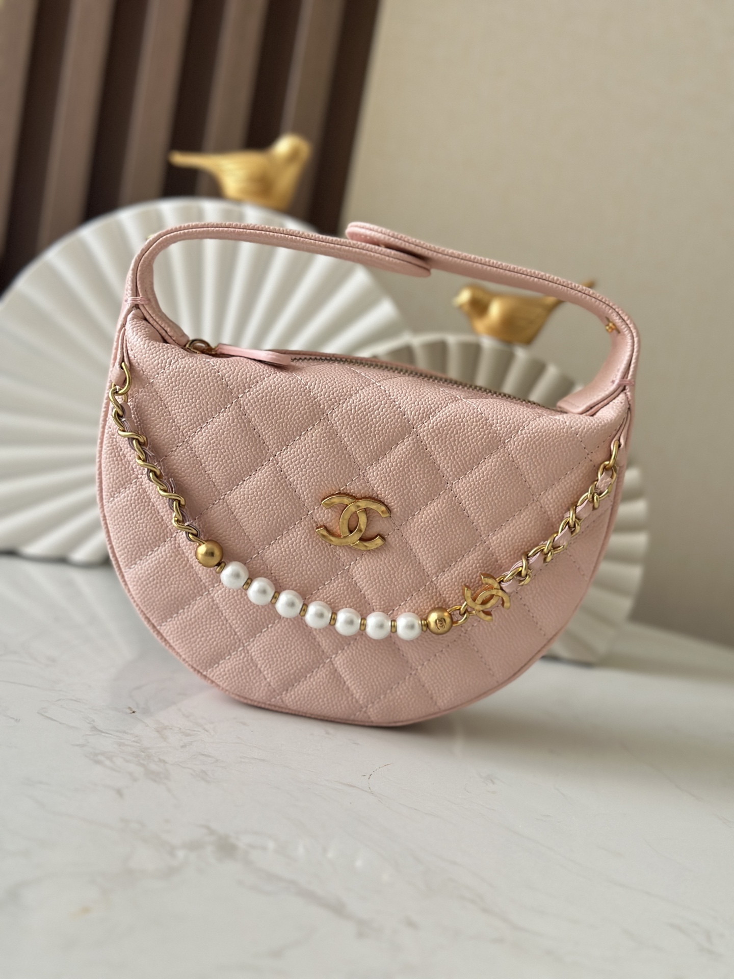 25S Pink Quilted Caviar Calfskin Half MoonHula Hoop Bag with Pearl Chain - Mocuir