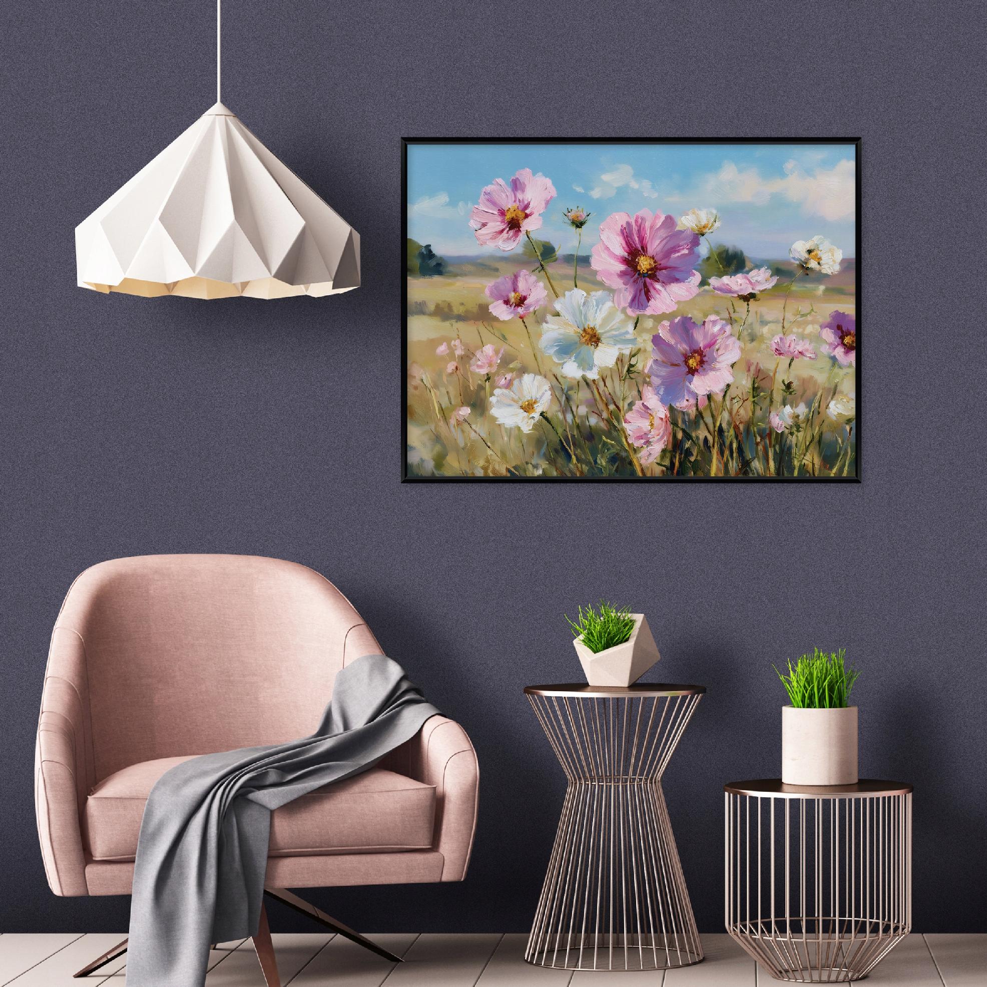 Black-framed canvas painting of wildflowers in a meadow, living room, bedroom, 40x30