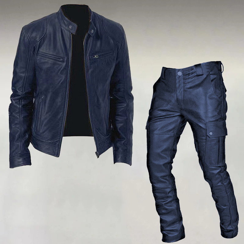 Men's Fashion Casual Stand Collar Zipper PU Leather Jacket & Pocket Pants 2Pcs Set