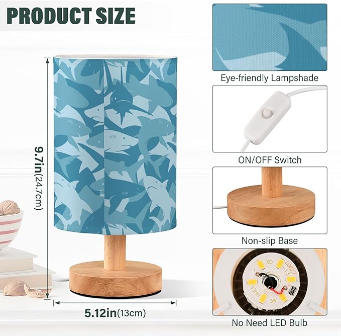 Table Lamp Blue Shark Pattern Marine Animal Nightstand Lamp