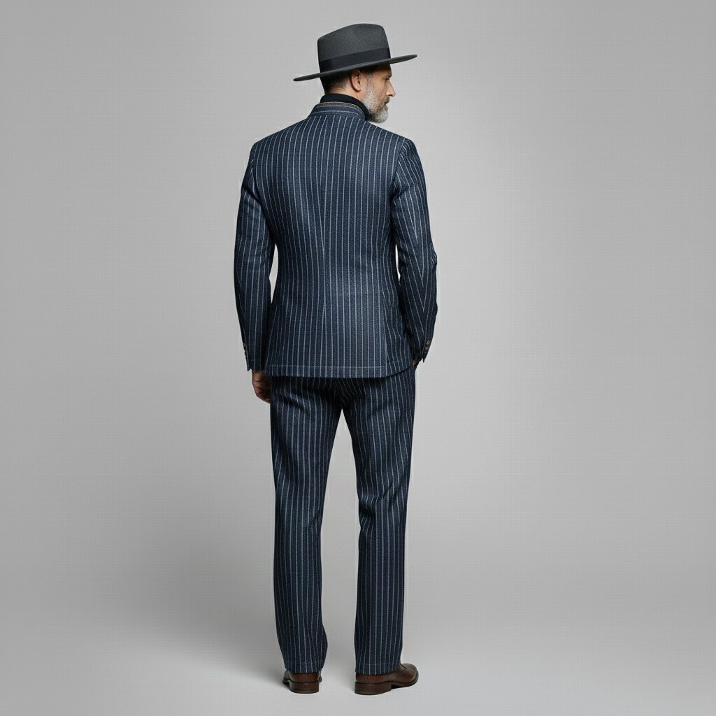 Men's Navy Blue Striped Stand-Up Collar One Button Long Sleeve Blazer & Pants 2Pcs Set